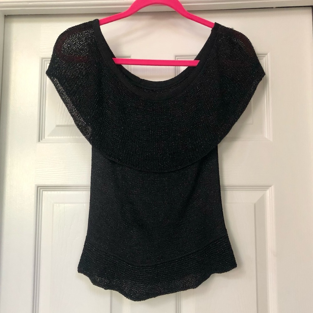 Ruffle Off-Shoulders Black Metallic Crochet Knit Sparkly Top Blouse